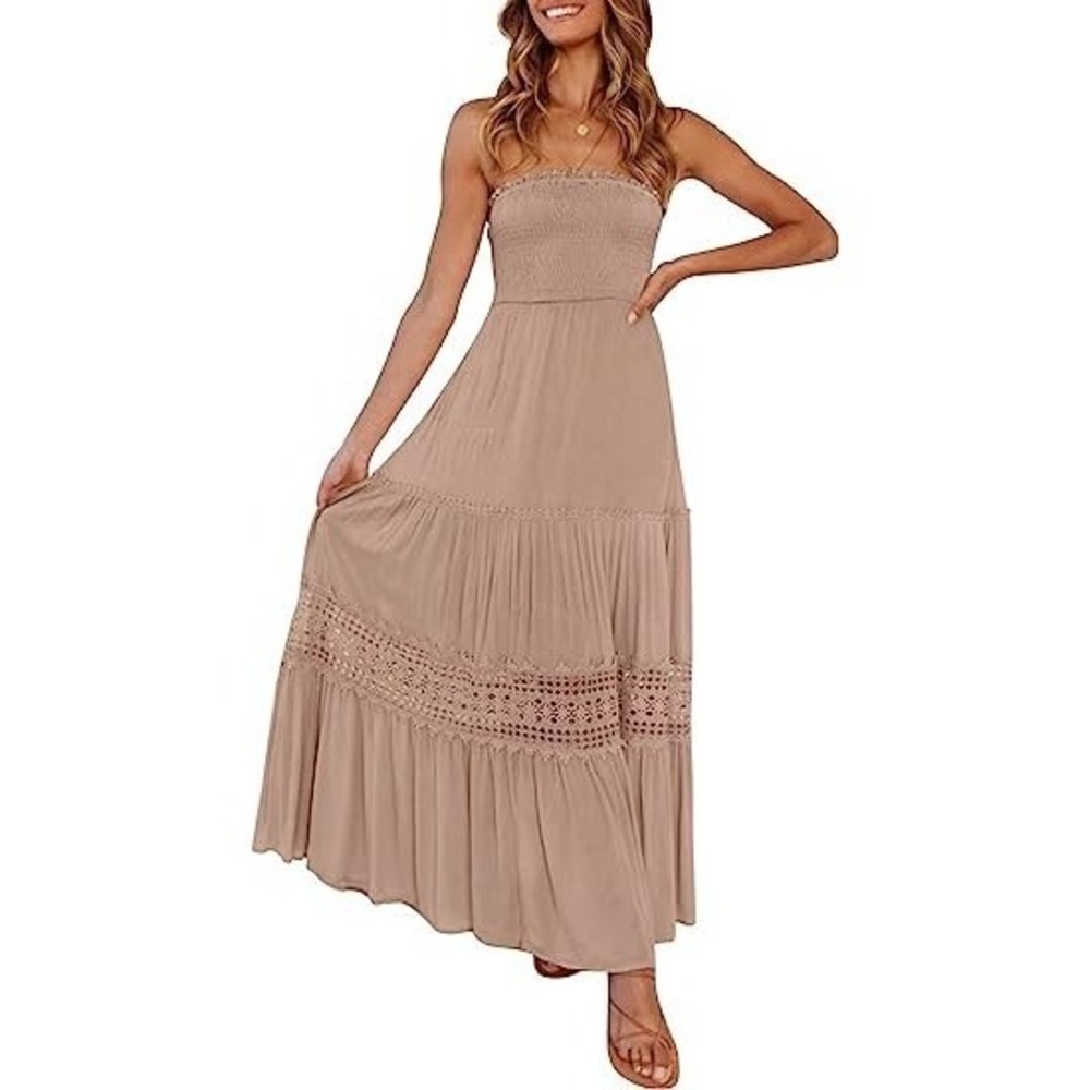 Simplee Women's 2023 Summer Bohemian Strapless Off Shoulder Lace Trim Backless M